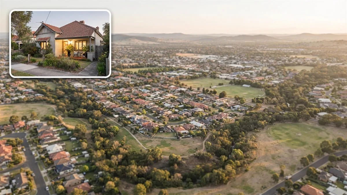 A wide view over an Australian suburb of rooftops and streets stretching towards the hills.