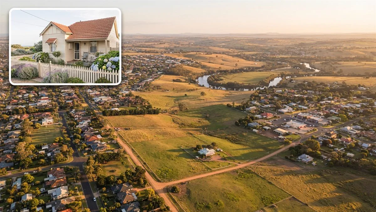 Aerial view of Australian suburbs and a regional town separated by farmland and a winding river.