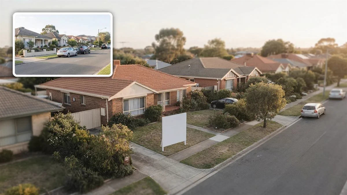 A row of Australian homes along a suburban street, only one with a blank sale sign out the front.