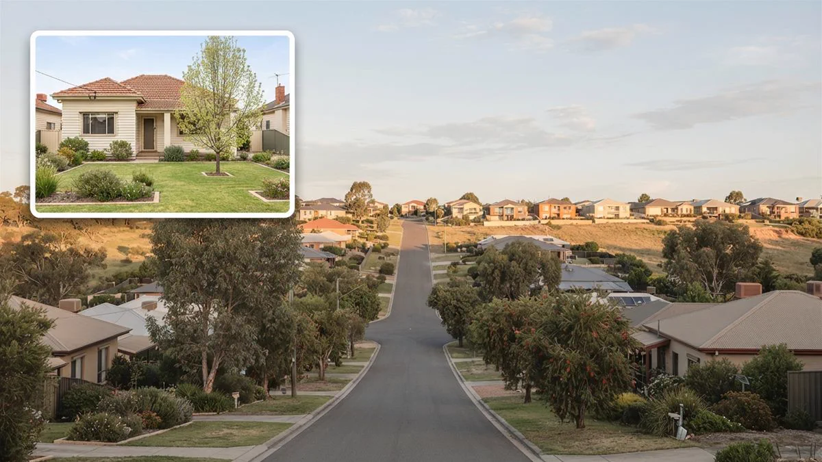 An Australian suburban street in a shallow valley, with the hills behind it catching the morning light.