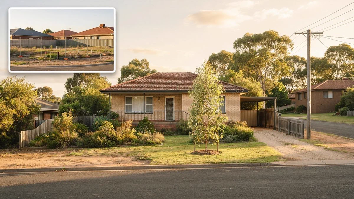 A modest single-storey Australian home on a sunny corner block with a young tree in the front yard.