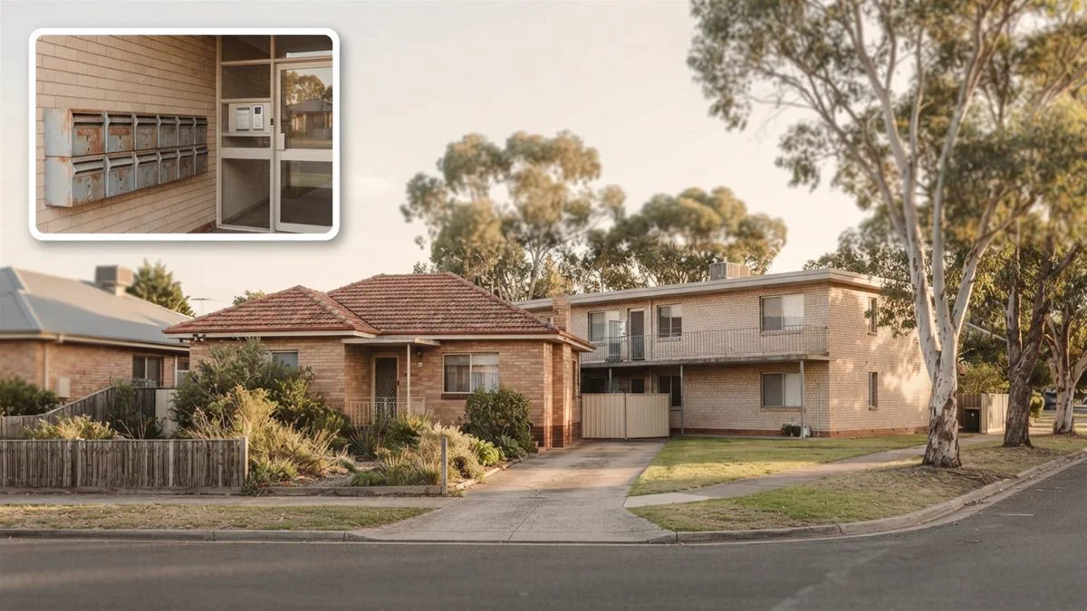 A freestanding Australian house on its own block beside a low-rise unit building across the street.