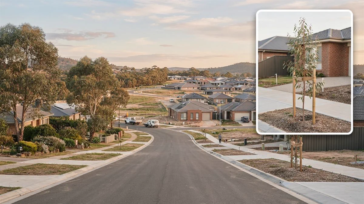 A growing Australian suburb with new and older homes side by side under a clear sky.