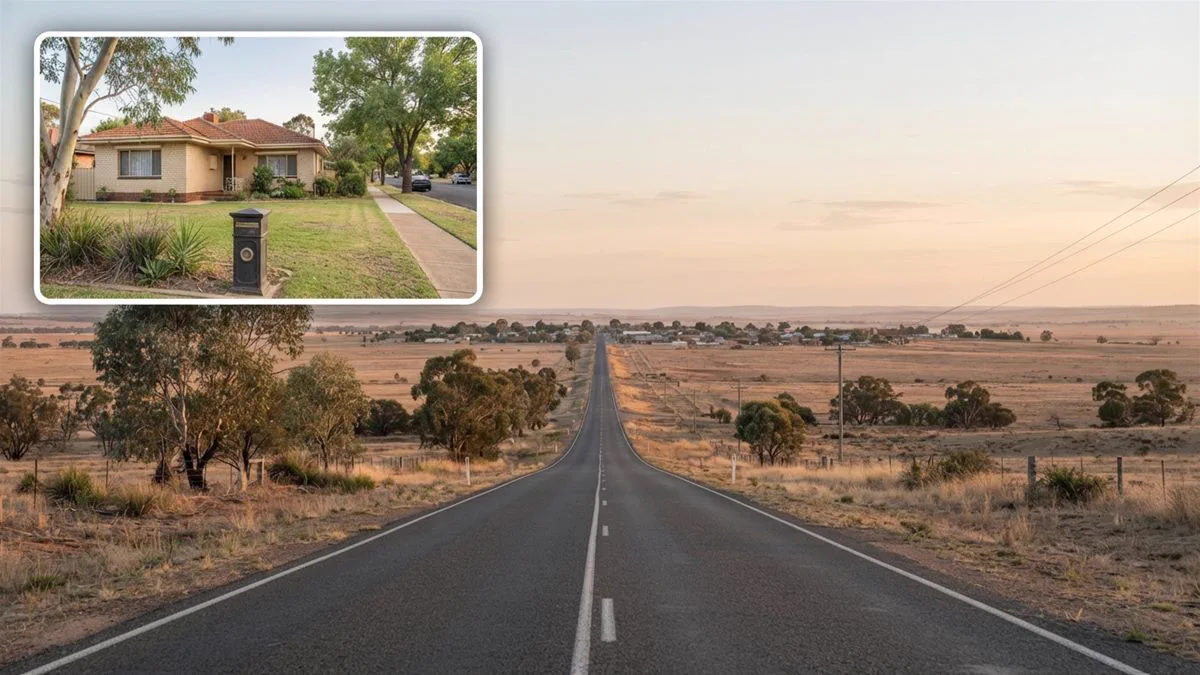 A long highway running between two Australian states, with a country suburb in the distance.