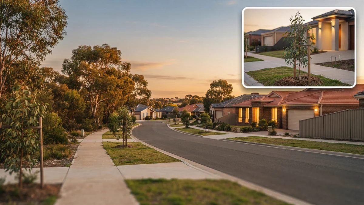 A row of Australian suburban homes at dusk with warm lights on inside.