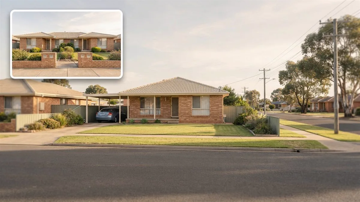 A tidy brick rental home on a quiet street in an Australian regional town.