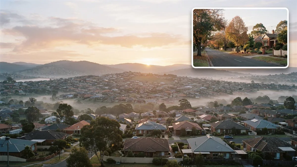 Rows of Australian suburban rooftops on rolling hills at sunrise, rising and dipping like a wave.