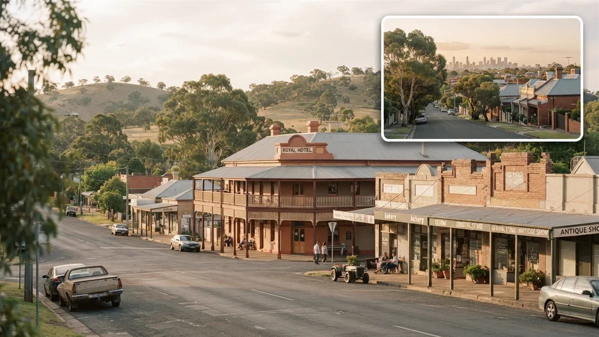 A quiet regional town street on one side and a capital city suburb skyline on the other.