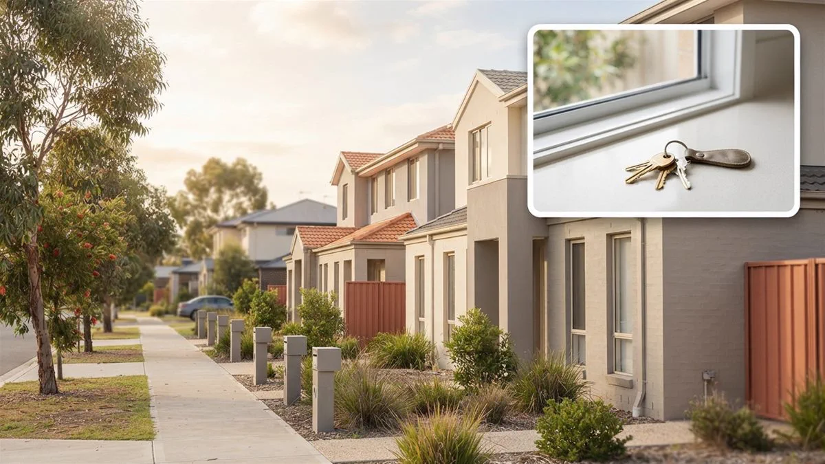 A neat row of rented townhouses in an Australian suburb on a bright morning.