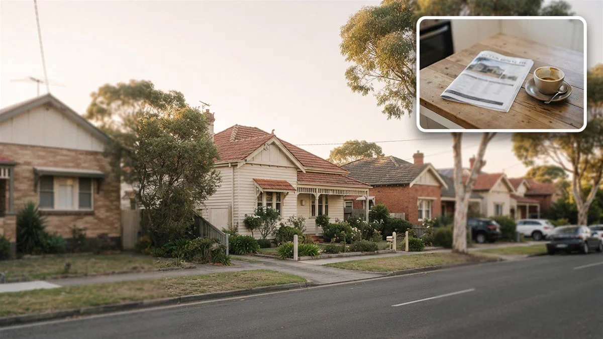 A row of Australian houses sorted by sale price with the middle one marked, illustrating how a median is found.