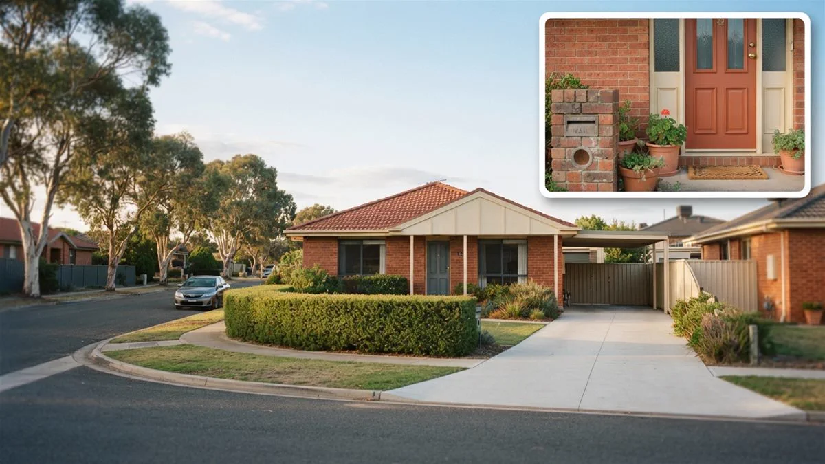 A tidy rented brick house on a quiet Australian street in late afternoon light.