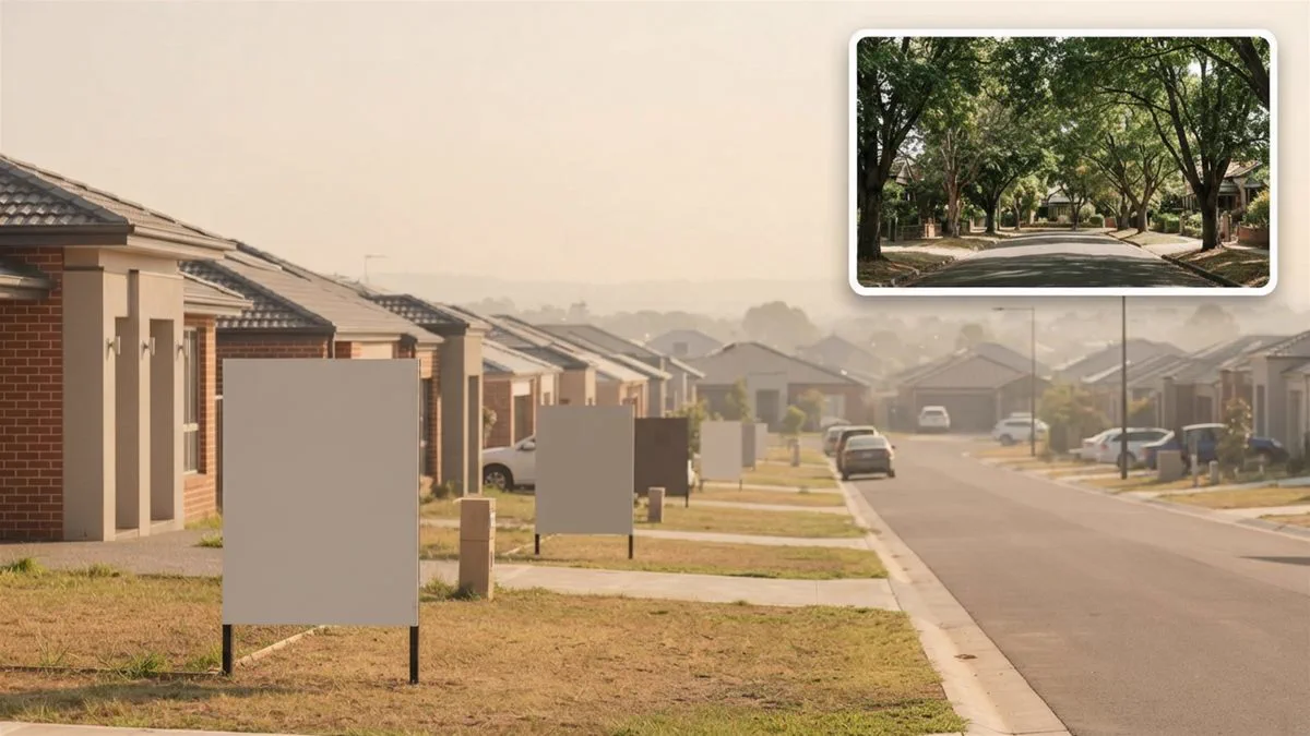 A crowded row of for sale signs along an Australian suburban street on a hot afternoon.